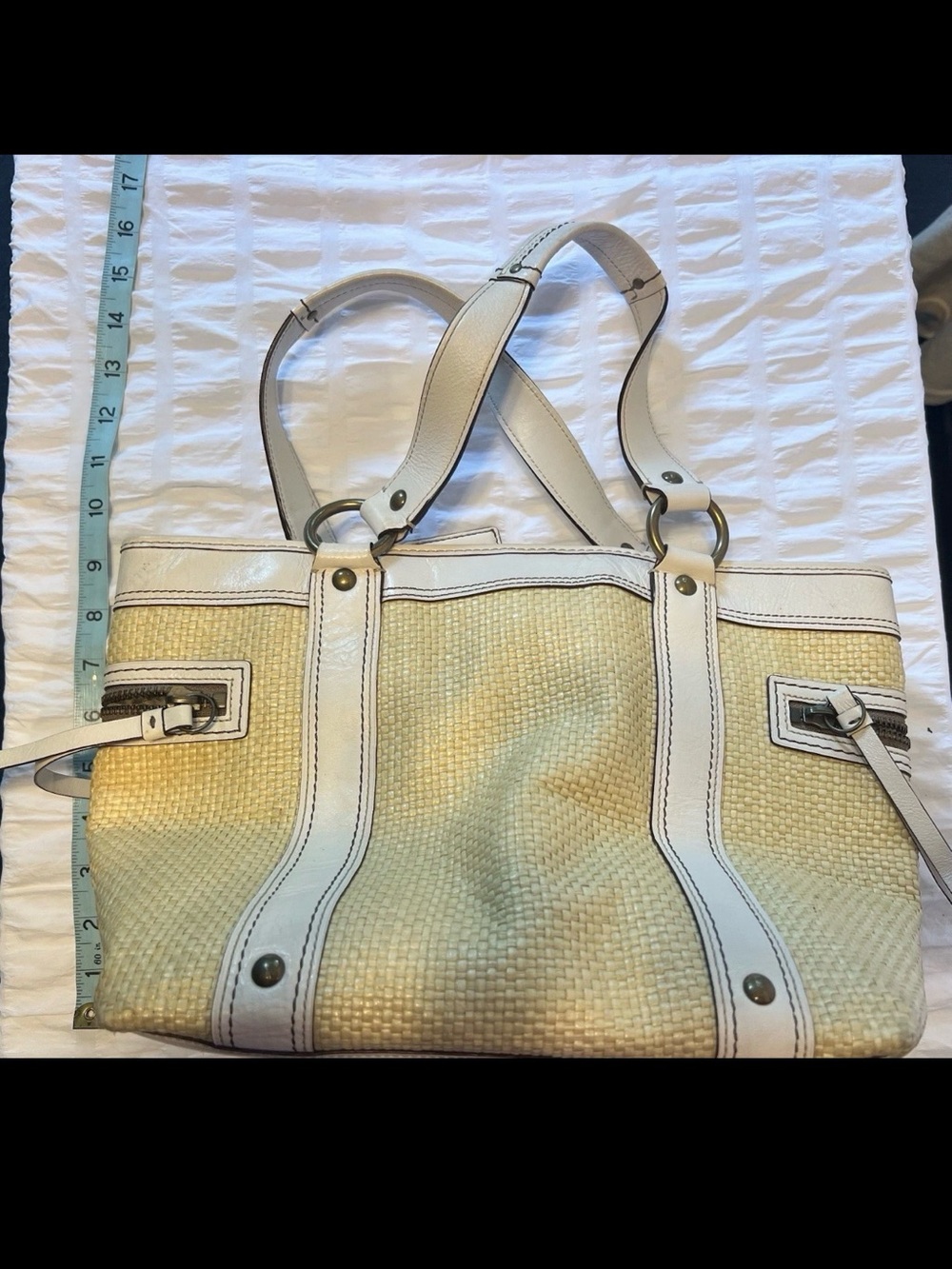 Vintage Coach Straw Tote with White Leather Trim